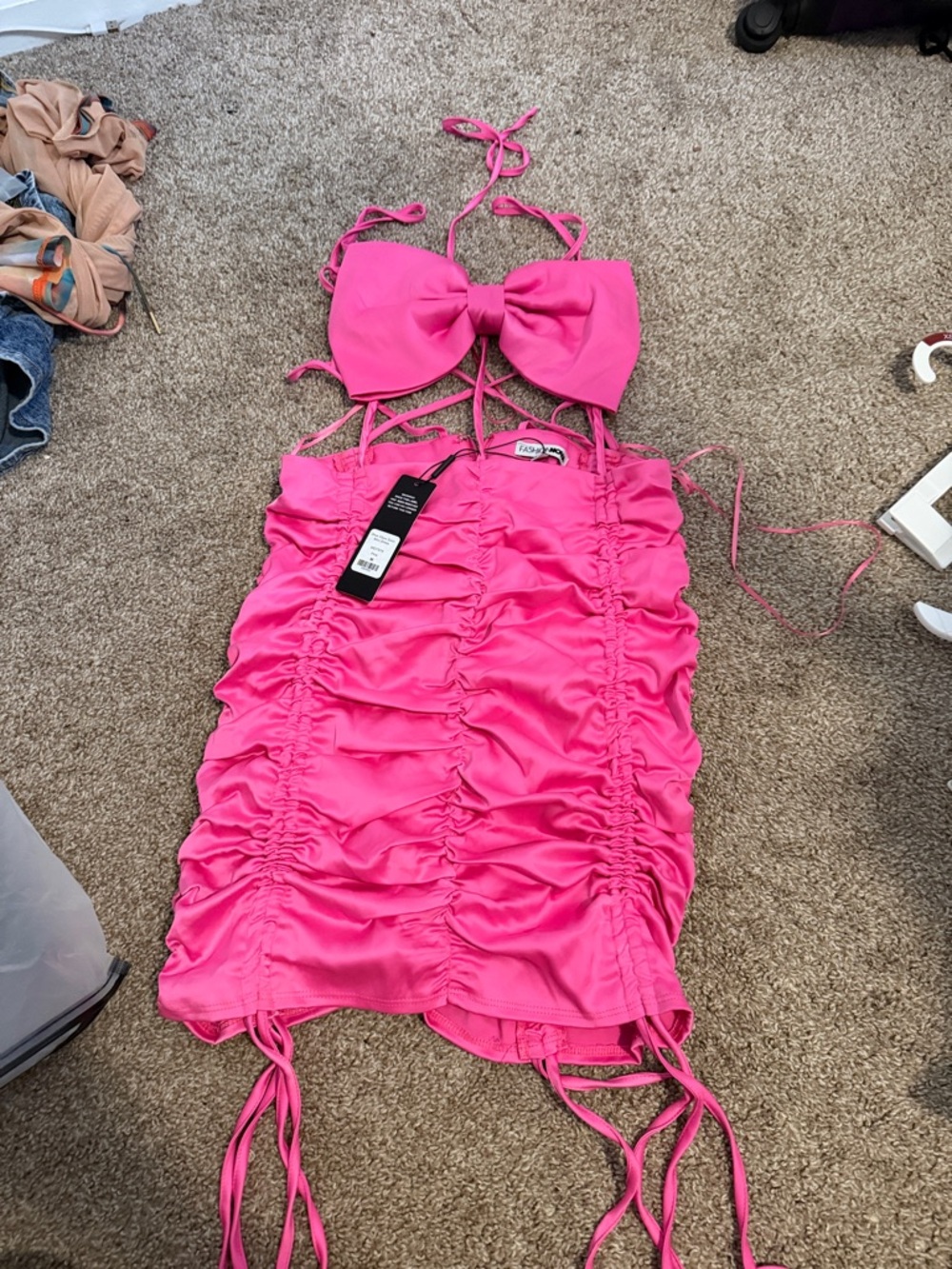 Fashion Nova Hot Pink Ruched Midi Dress with Bow Top